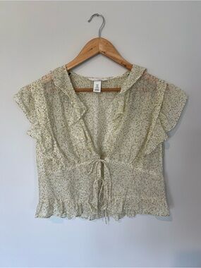 H&M Floral Tie-Front Ruffle Green Blouse